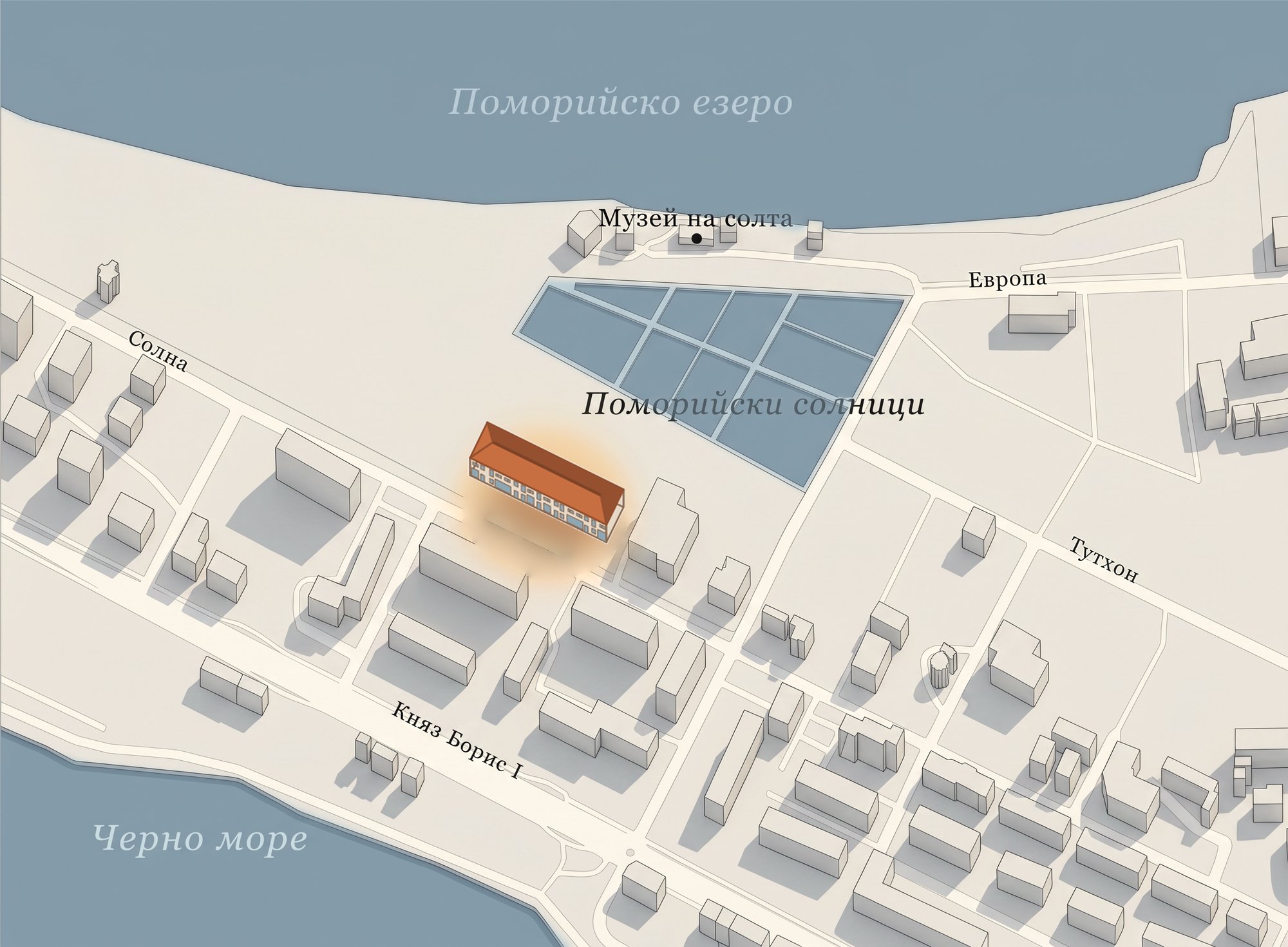 Карта на Поморие: сграда „Солна 59“ между Поморийското езеро, солниците и морето